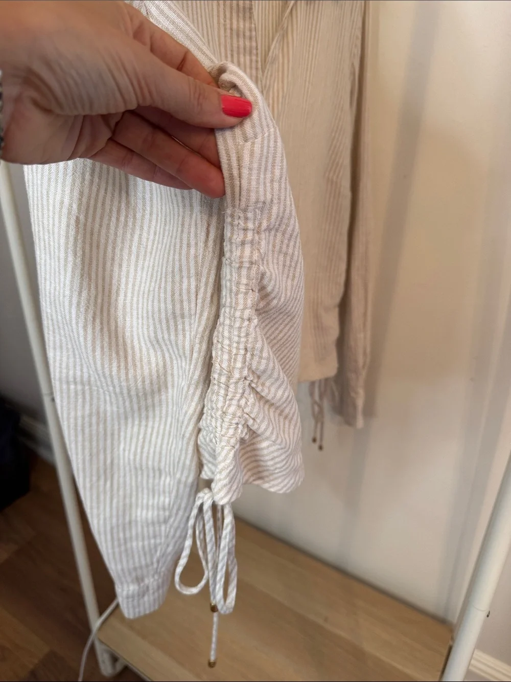 Linen Blend Tan/Cream Striped Button-Front Women's Shirt with Gold accents